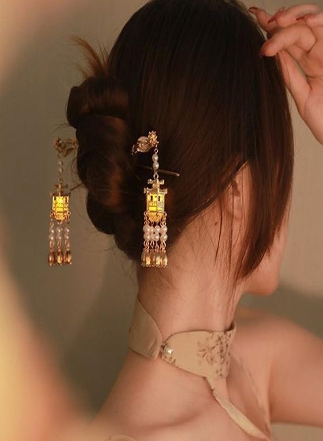 Comimark 2 PCS Ancient Style Hairpin Hair Clips Chinese Lantern Lotus Flower Tassel Headpieces For Women Girls, Ponytail Updo Bun For Thin Thick Hair - Image 1